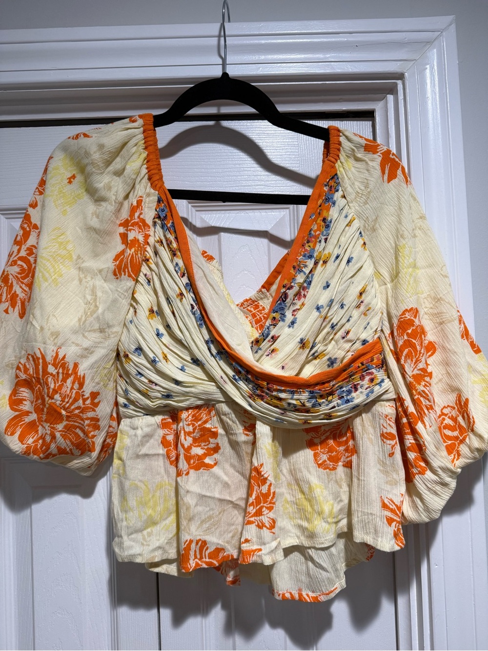 Free People Cream Blouse with Bold Orange Floral Print